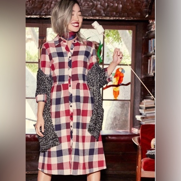 Modcloth Plaid Flannel Jamberry Roll Cuff Sleeve Dress Womens Size Large - Picture 2 of 5